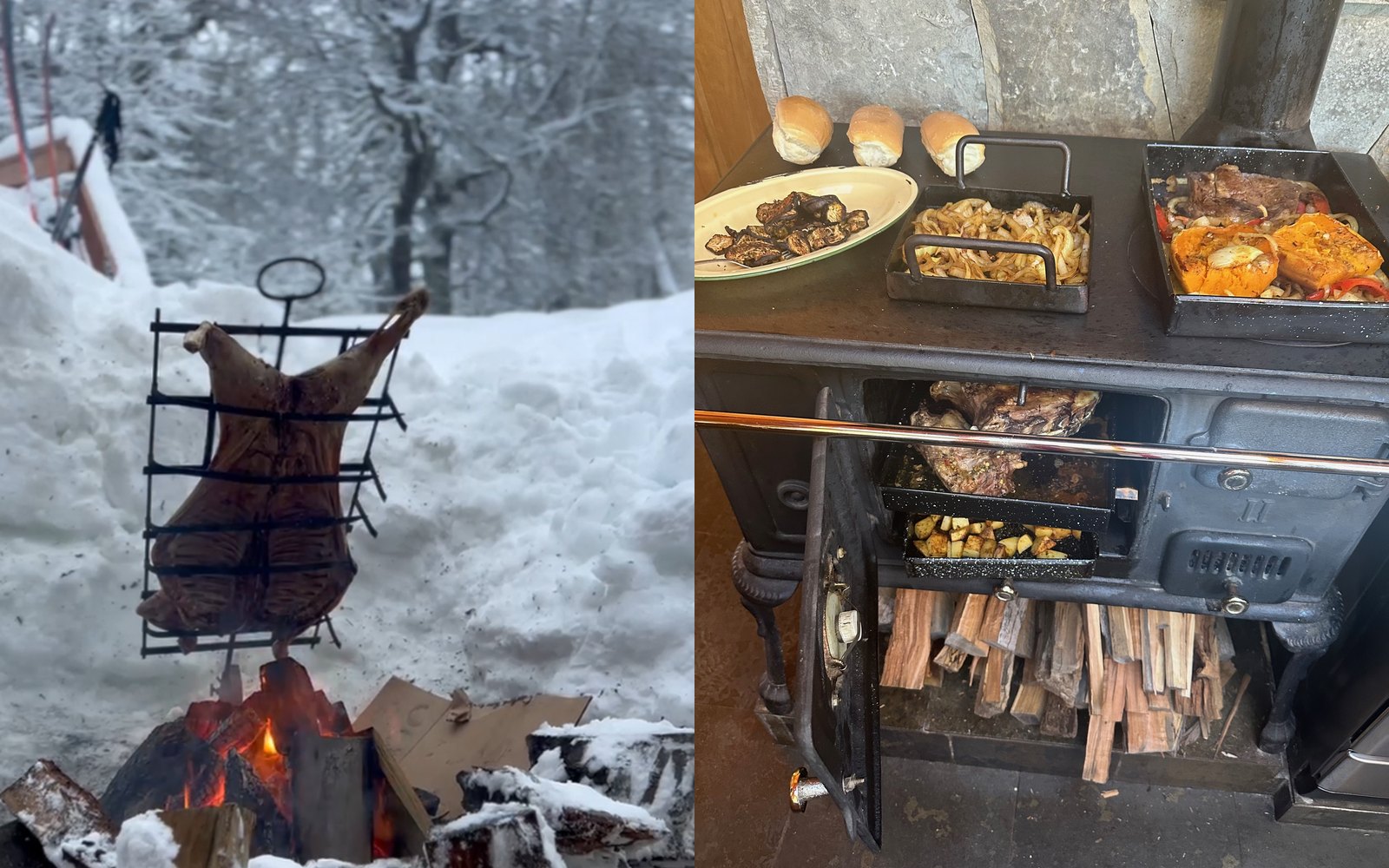 Cordero al asador en la nieve y cocina económica a leña de la cabaña