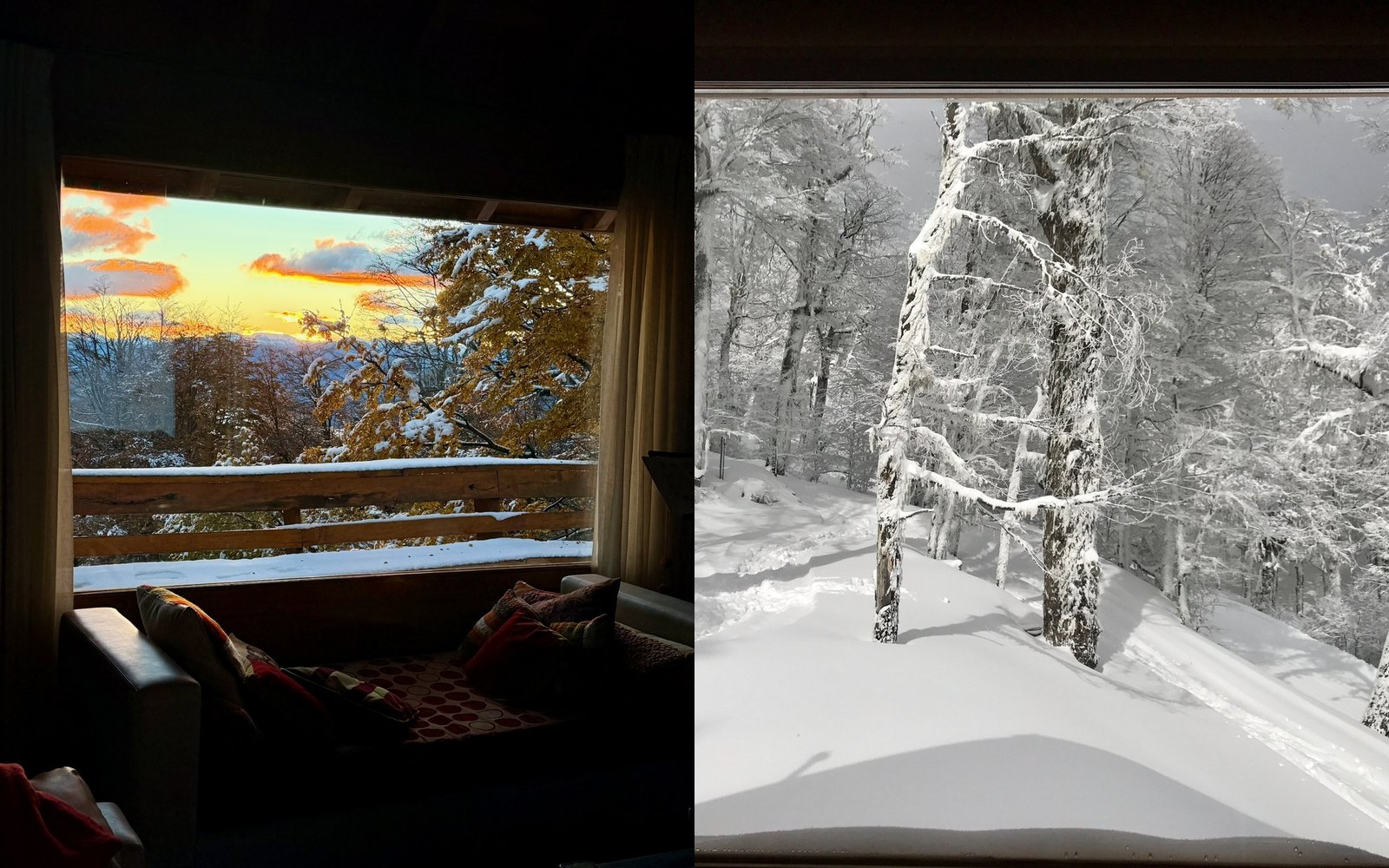 El atardecer encendido y el bosque pintado de blanco, vistos desde el living