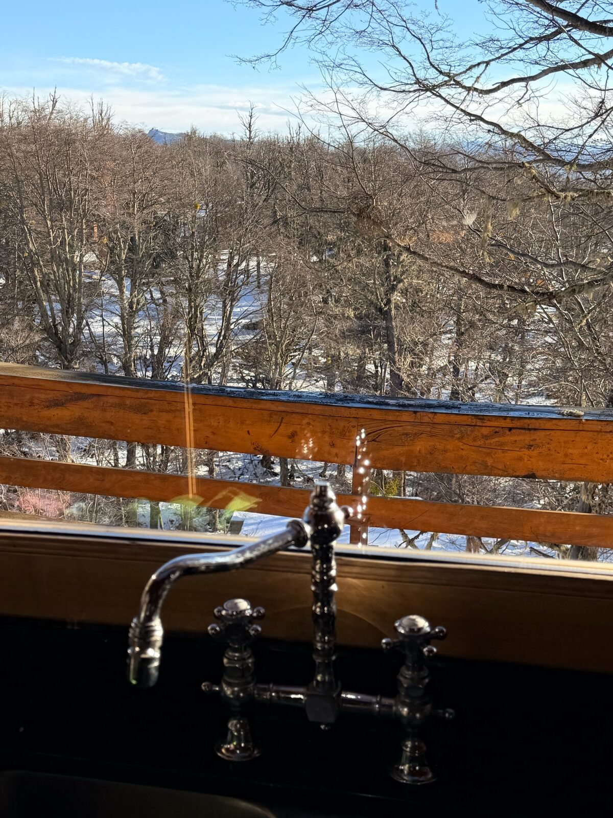 La bacha de la cocina con vista al bosque nevado