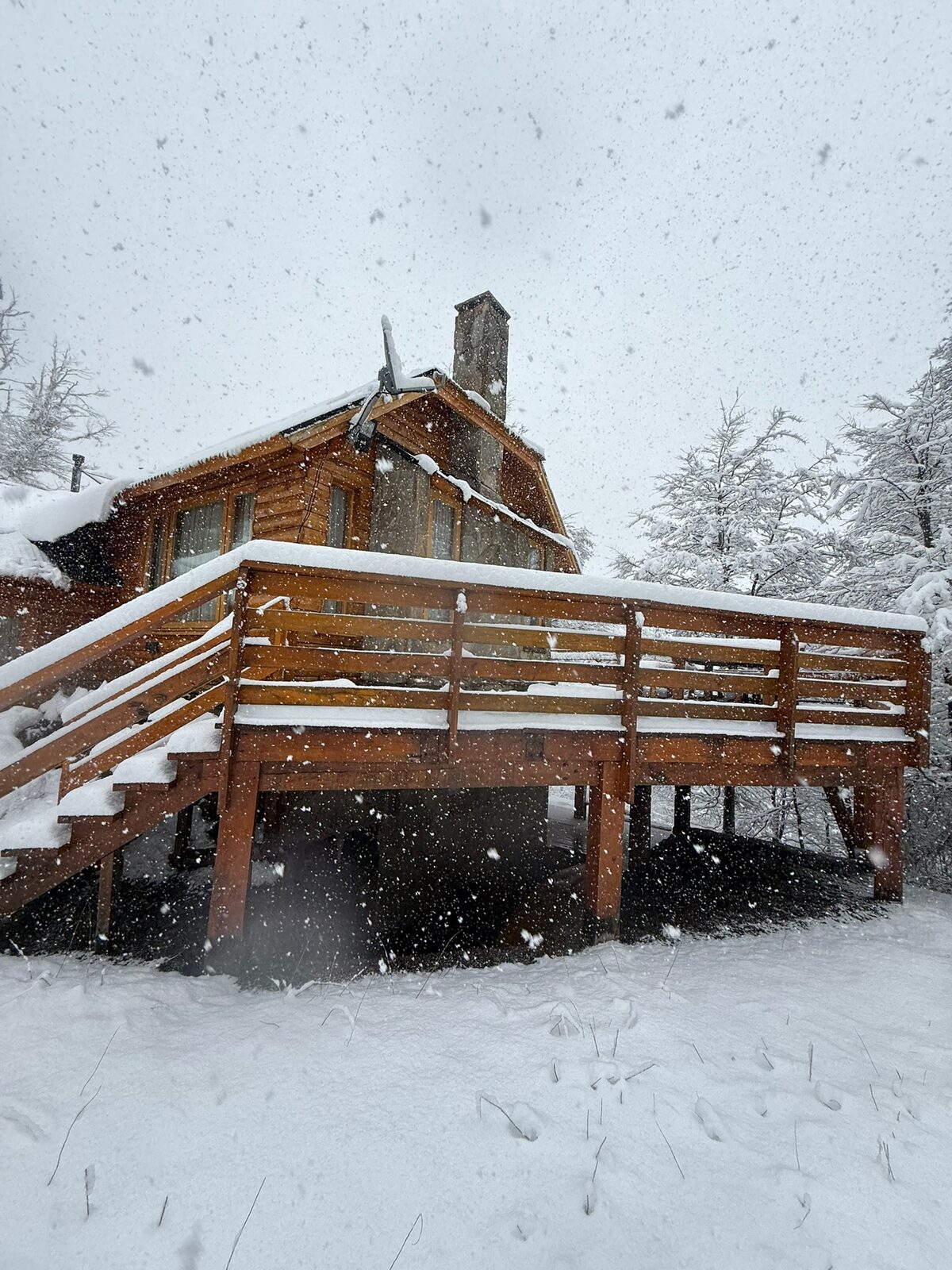La cabaña y su deck durante una nevada