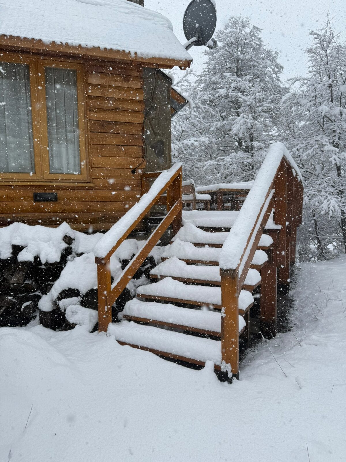Escalera del deck cubierta de nieve fresca