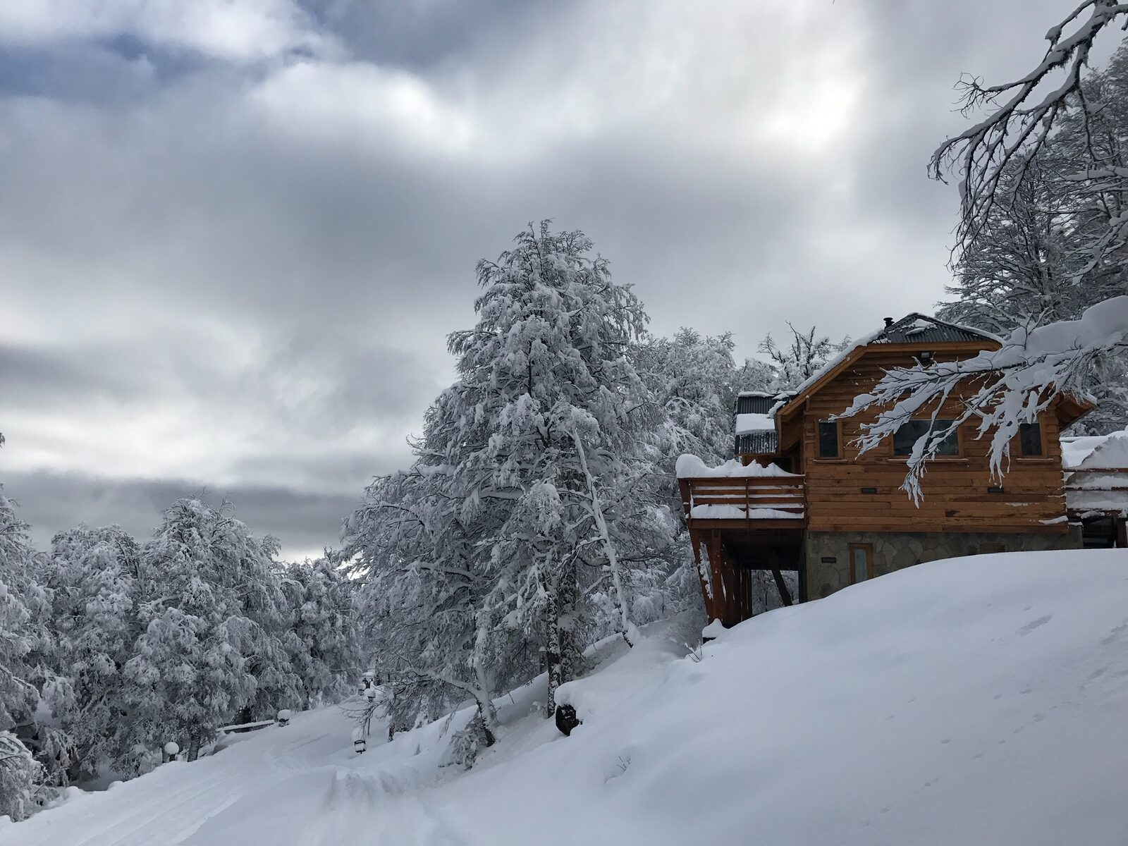 La cabaña asomando entre el bosque cargado de nieve
