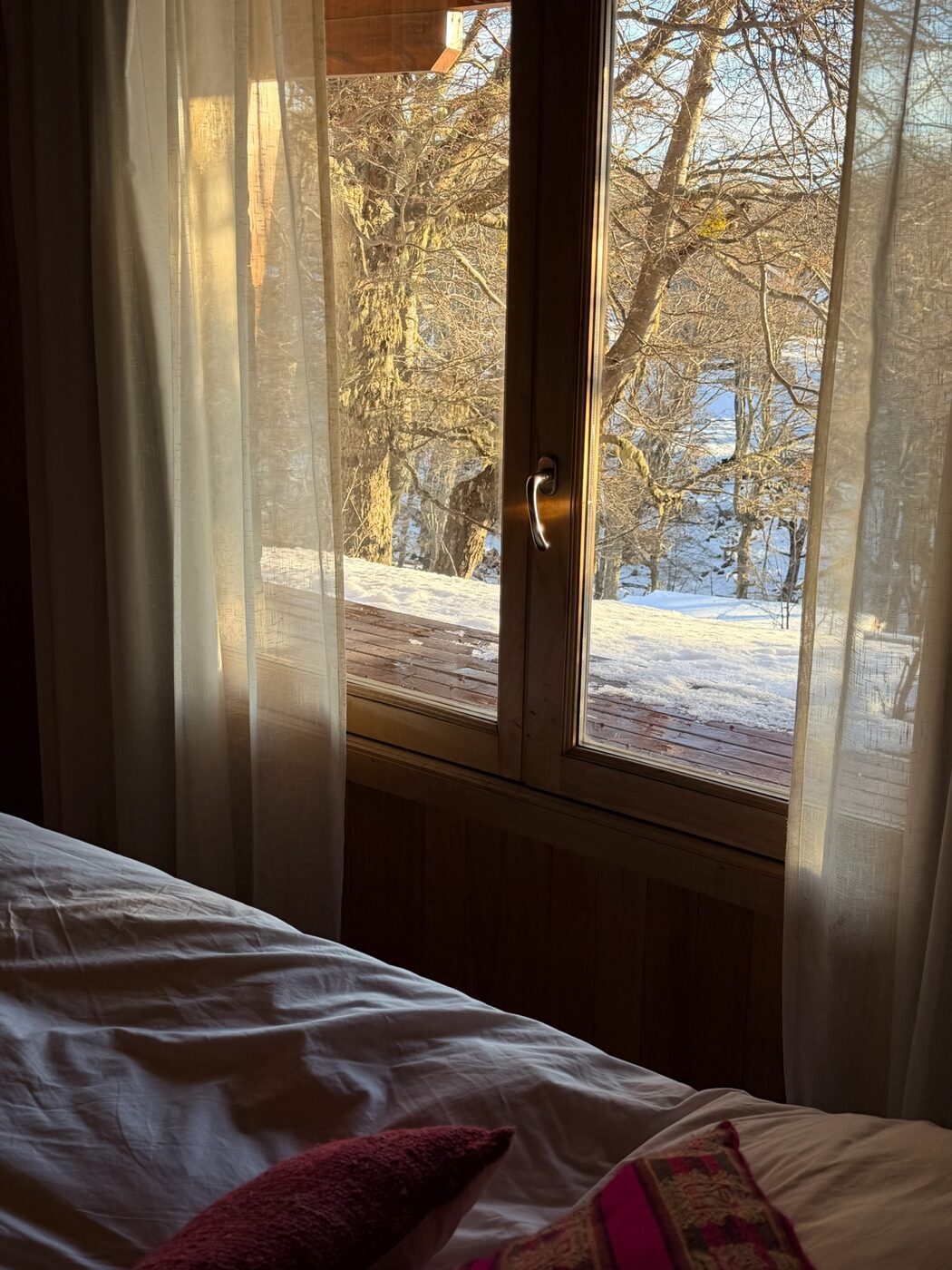 Vista a la nieve y el bosque desde la cama de la habitación 2