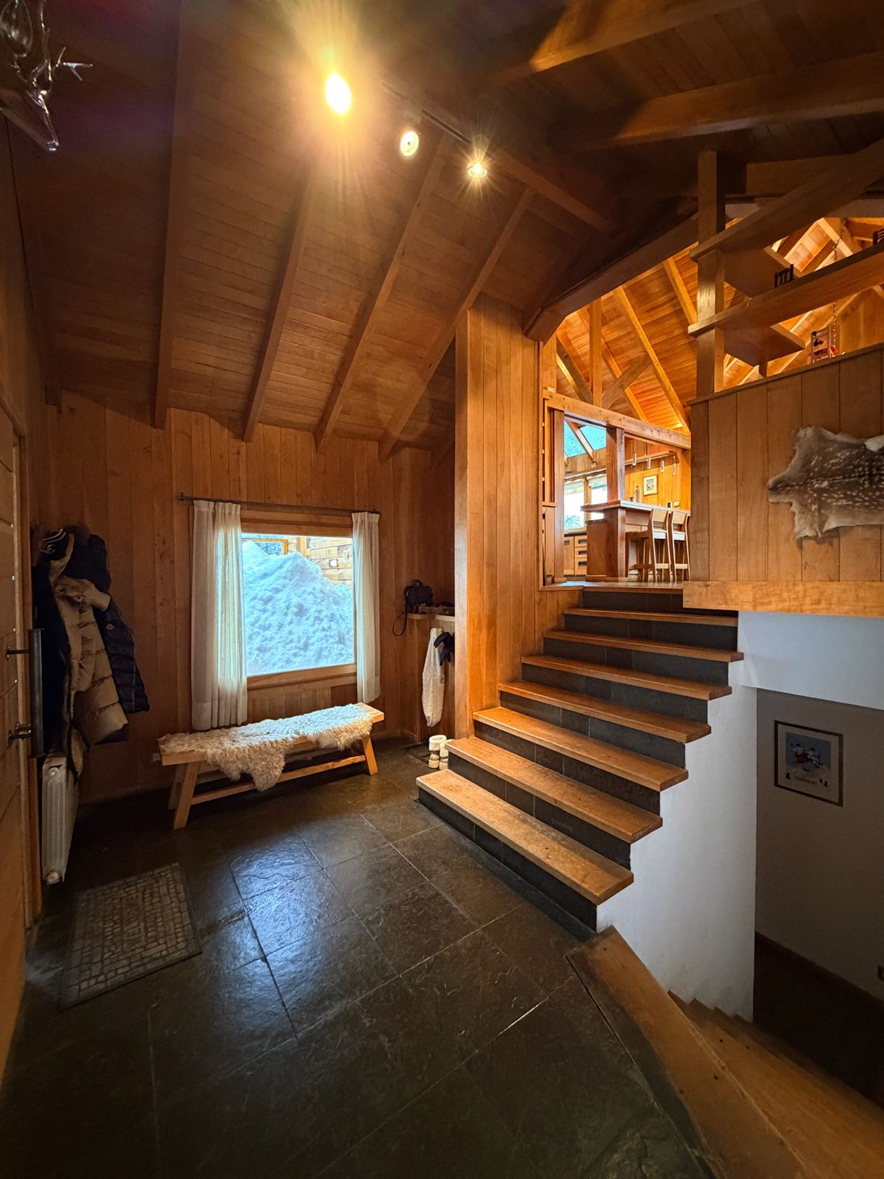 El hall frío con su banco de piel y la escalera que sube al living, con la nieve del otro lado de la ventana