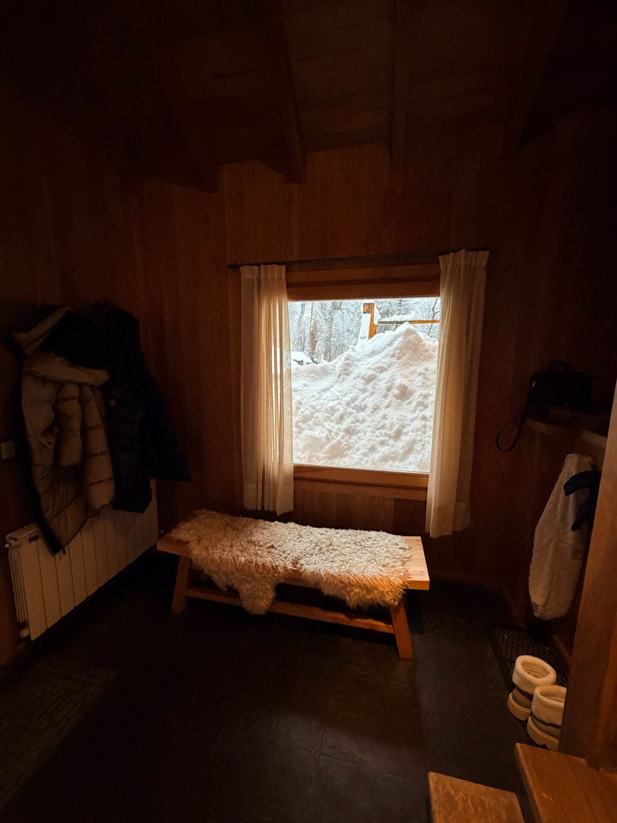 El perchero con las camperas, el banco de piel y la nieve acumulada contra la ventana