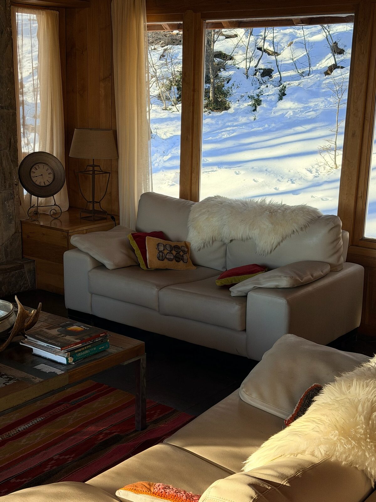Living luminoso con vista al bosque nevado