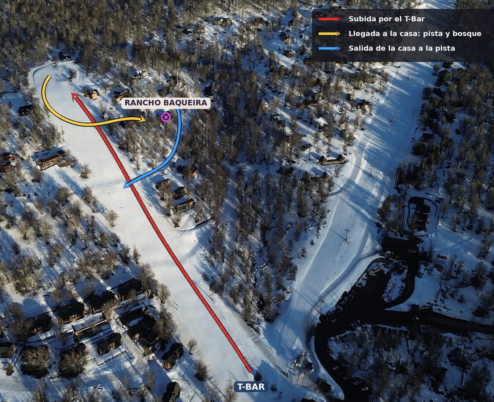 Mapa aéreo del recorrido Ski In and Out: subida por el T-Bar, llegada a la cabaña por el bosque y salida a la pista