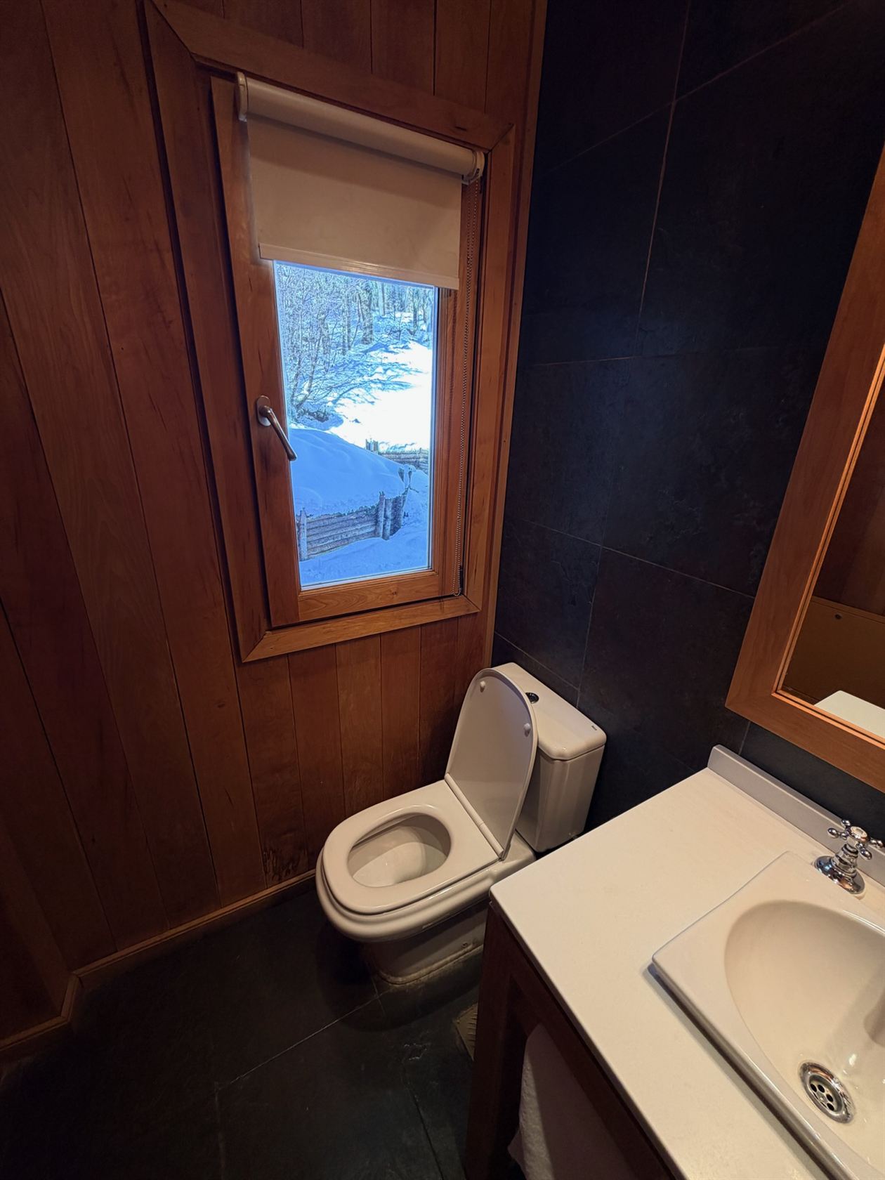 La ventana del toilette, con la nieve del otro lado